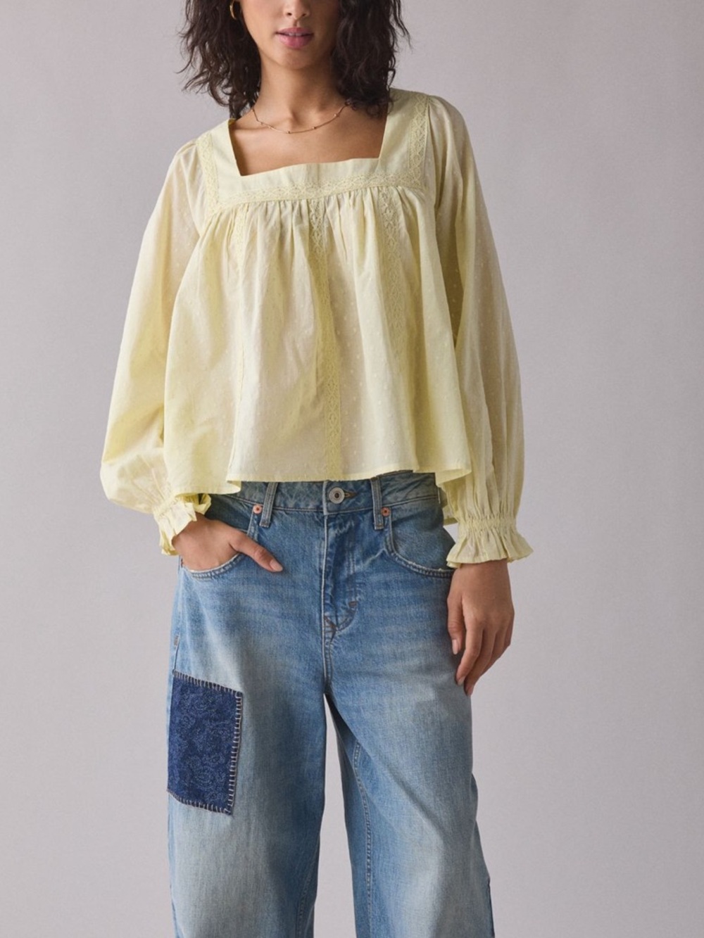 Kimchi Blue Pale Yellow Square-Neck Peasant Blouse